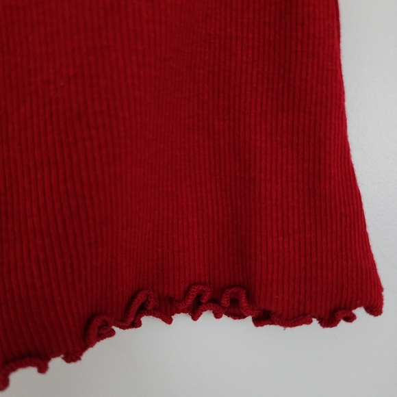 Red Y2K Rib Knit Ruffle Lettuce Hem Cap Sleeve Top S - Picture 5 of 6